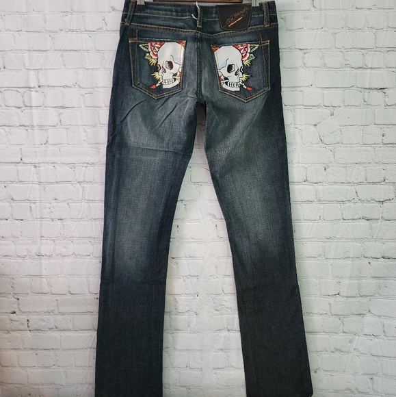 Ed Hardy by Christian Audigier Scull Pocket Lo Rise Straight Leg Jeans - Picture 1 of 6